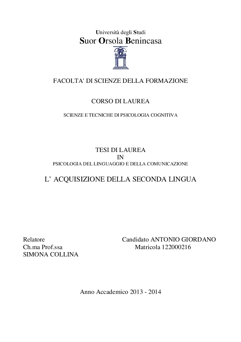 Anteprima della tesi: L'acquisizione della seconda lingua, Pagina 1