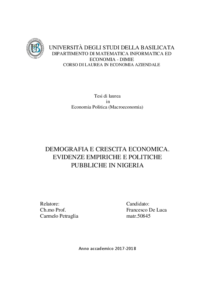 Anteprima della tesi: Demografia e crescita economica. Evidenze empiriche e politiche pubbliche in Nigeria, Pagina 1