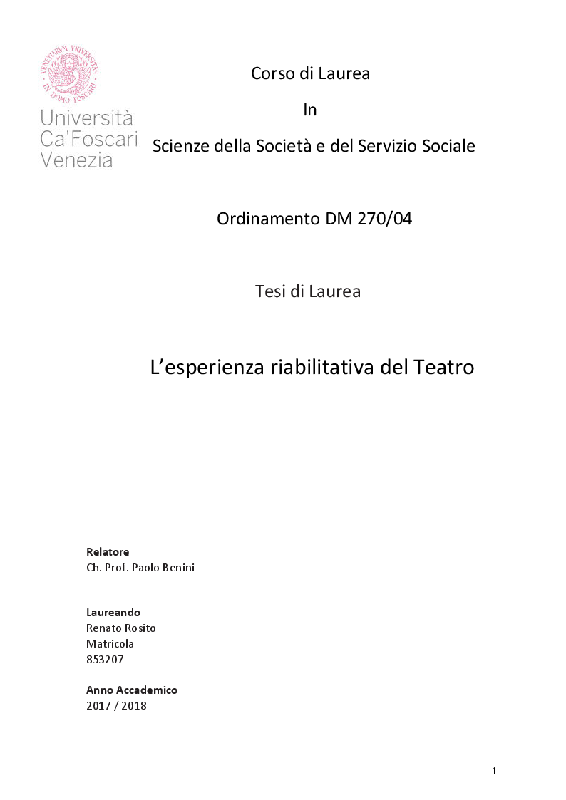 Anteprima della tesi: L'Esperienza Riabilitativa del Teatro, Pagina 1