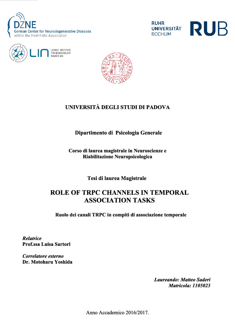 Anteprima della tesi: Role of TRPC channels in temporal association tasks, Pagina 1