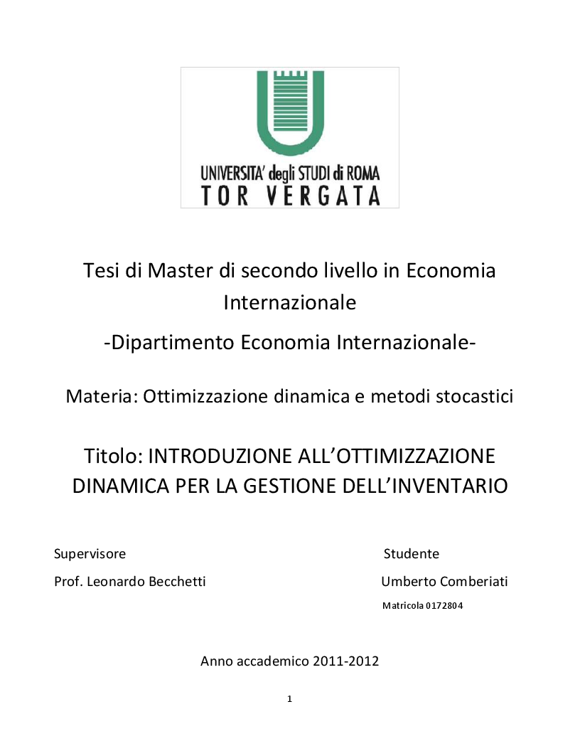 Anteprima della tesi: Introduzione all'ottimizzazione dinamica per la gestione dell'inventario, Pagina 1