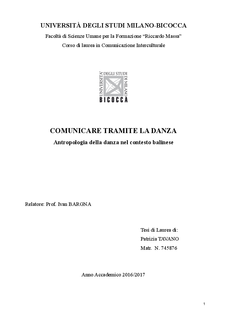 Anteprima della tesi: Comunicare tramite la danza. Antropologia della danza nel contesto balinese, Pagina 1