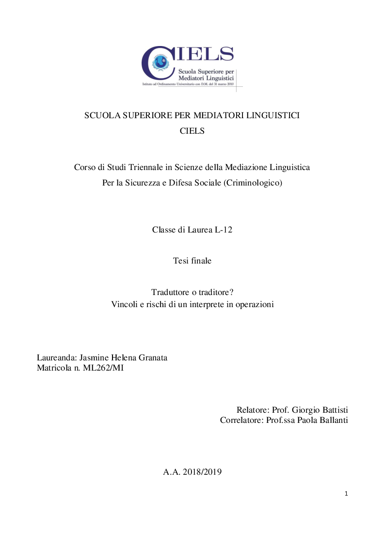 Anteprima della tesi: Traduttore o traditore? Vincoli e rischi di un interprete in operazioni, Pagina 1