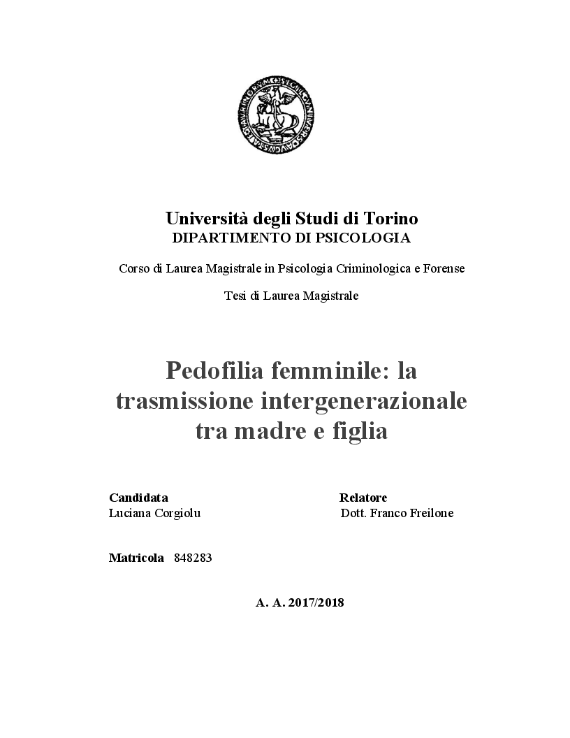 Anteprima della tesi: Pedofilia femminile: la trasmissione intergenerazionale tra madre e figlia, Pagina 1