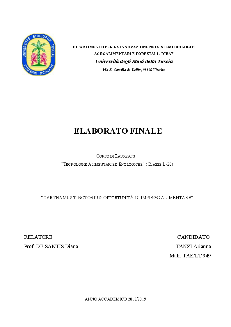 Anteprima della tesi: Carthamus tinctorius: opportunità di impiego alimentare, Pagina 1