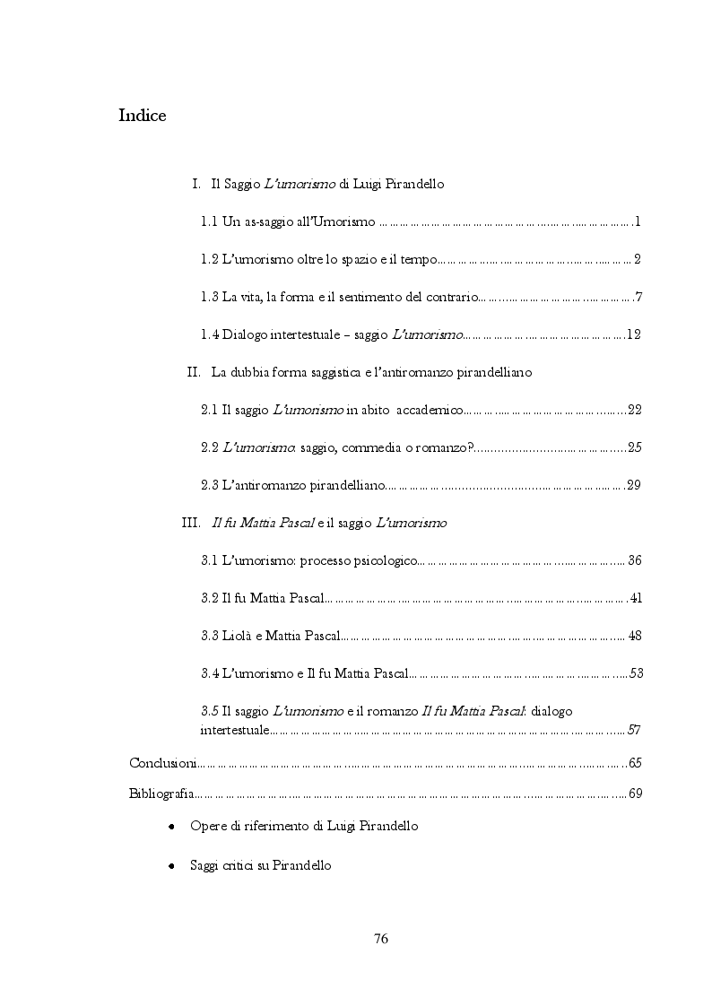 Indice della tesi: "L'umorismo" di Pirandello tra saggio e romanzo, Pagina 1