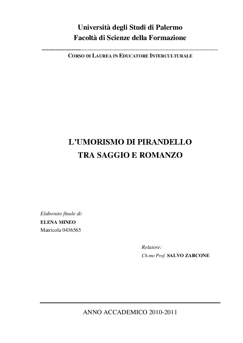 Anteprima della tesi: "L'umorismo" di Pirandello tra saggio e romanzo, Pagina 1