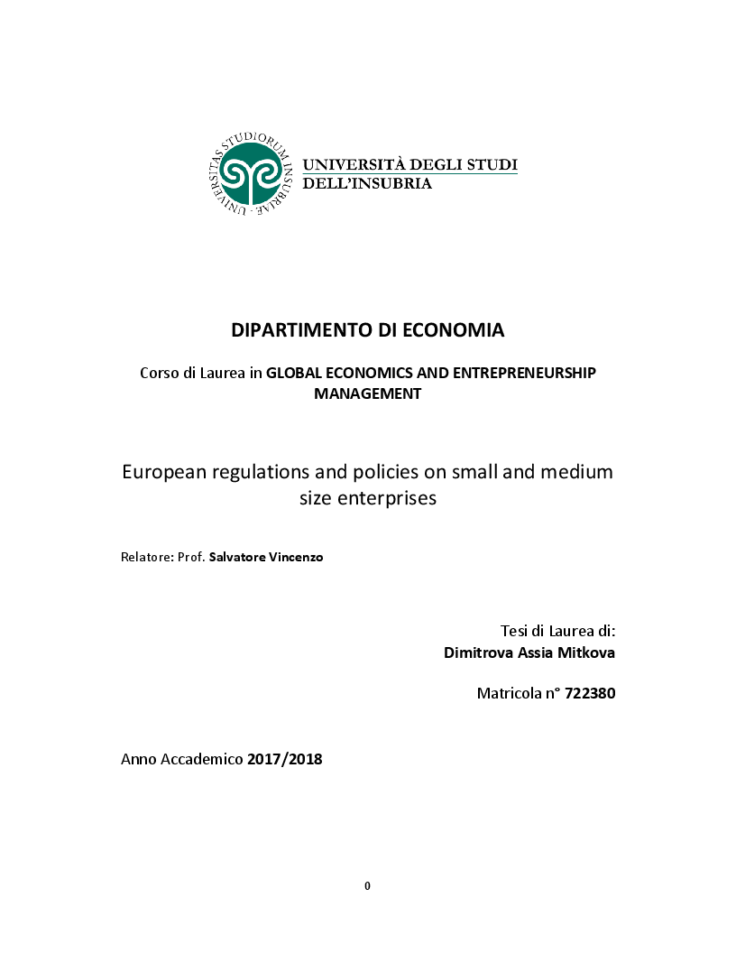 Anteprima della tesi: European regulations and policies on small and medium size enterprises, Pagina 1