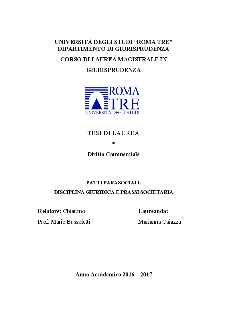 Anteprima della tesi: Patti parasociali. Disciplina giuridica e prassi societaria, Pagina 1