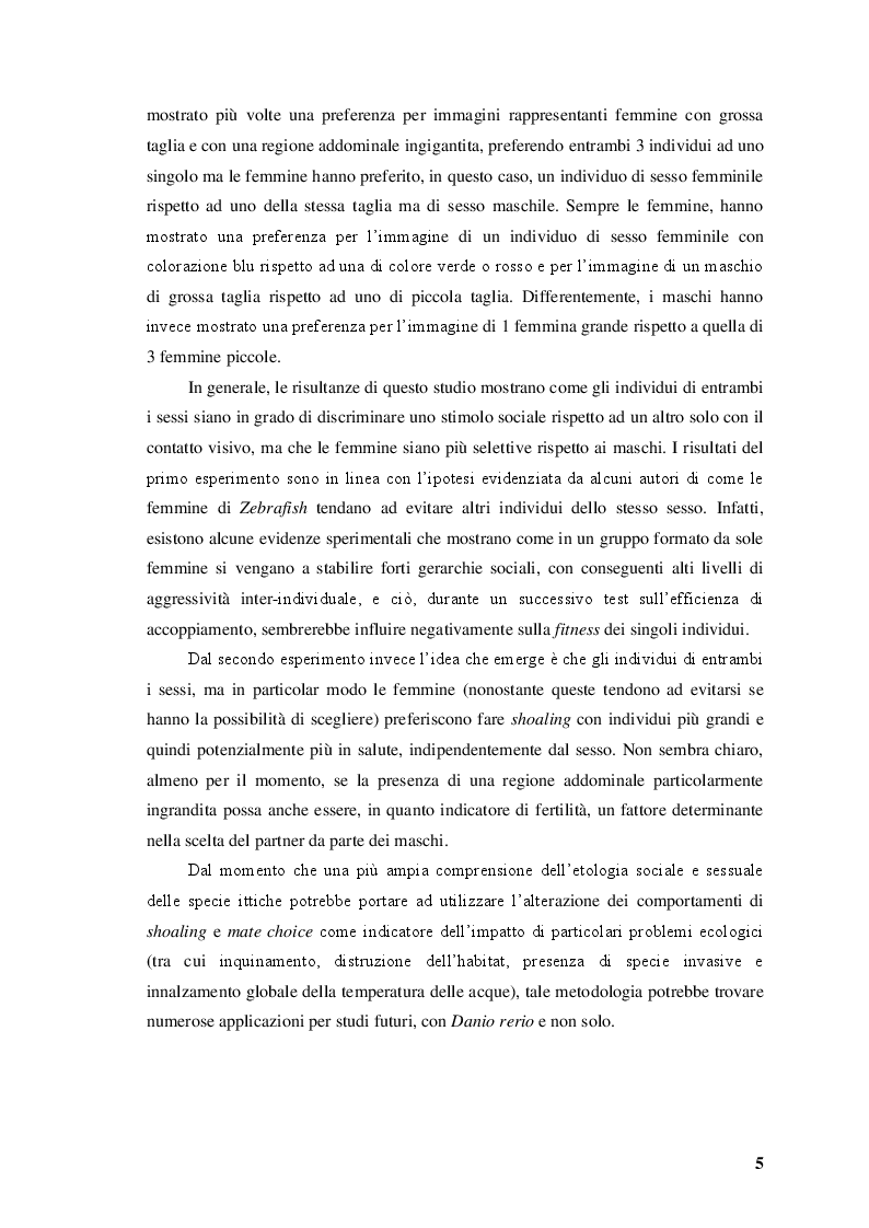 Anteprima della tesi: Differenze legate al sesso nelle risposte comportamentali del pesce zebra (Danio rerio) indotte sperimentalmente da stimoli ambientali, sociali e artificiali, Pagina 3