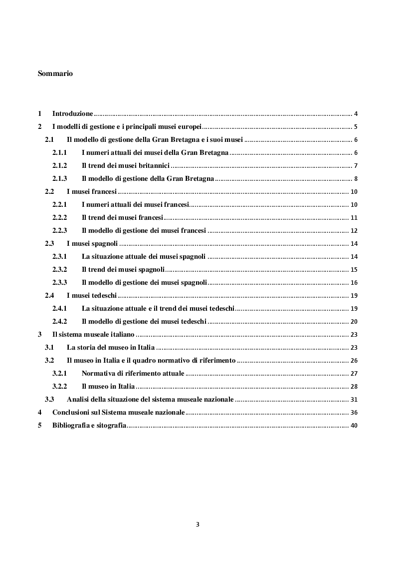 Indice della tesi: Analisi del sistema museale italiano e confronto con i principali modelli europei, Pagina 1