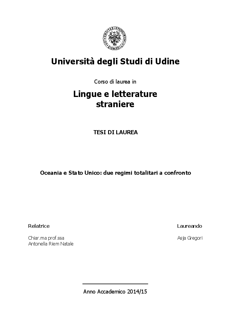 Anteprima della tesi: Oceania e Stato Unico: due regimi totalitari a confronto, Pagina 1