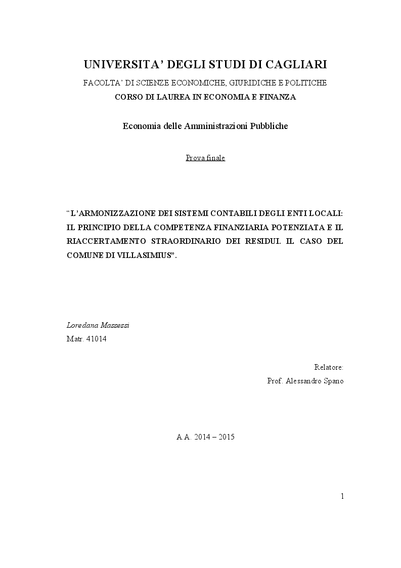 Anteprima della tesi: L'Armonizzazione dei sistemi contabili degli enti locali: il principio della competenza finanziaria potenziata e il riaccertamento straordinario dei residui. Il caso Comune di Villasimius, Pagina 1