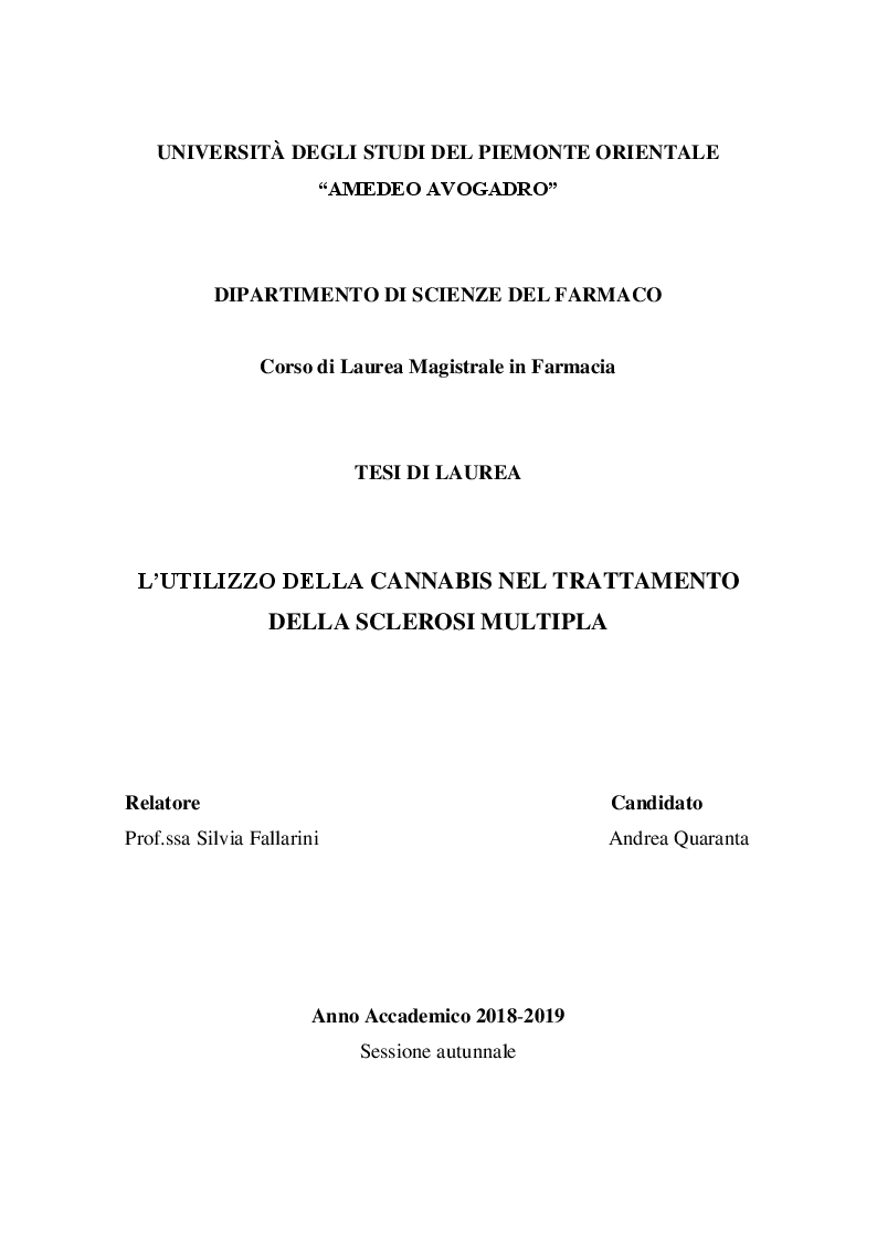 Anteprima della tesi: L'utilizzo della cannabis nel trattamento della sclerosi multipla, Pagina 1