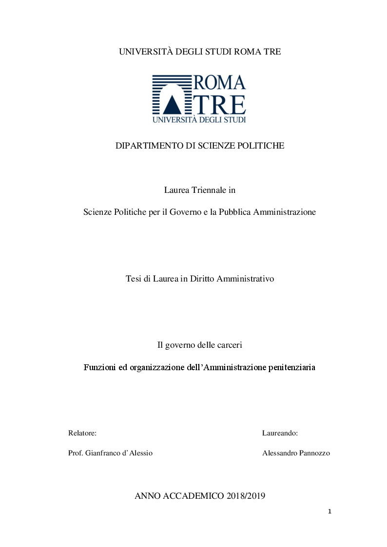 Anteprima della tesi: Il governo delle carceri. Organizzazione e funzioni dell'Amministrazione Penitenziaria., Pagina 1
