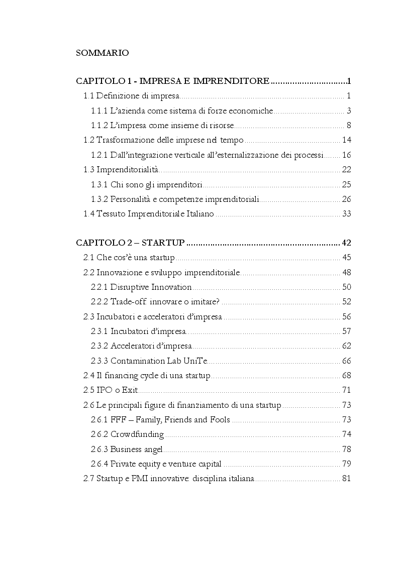 Indice della tesi: Startup, l'importanza strategica del business plan, Pagina 1