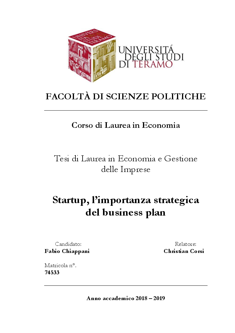 Anteprima della tesi: Startup, l'importanza strategica del business plan, Pagina 1