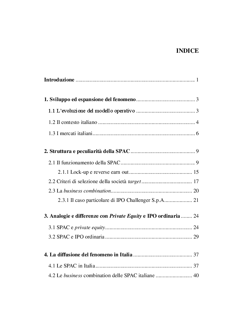 Indice della tesi: La SPAC: un veicolo innovativo nel sistema finanziario italiano, Pagina 1