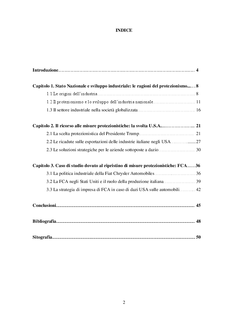 Indice della tesi: Perdite e opportunità per l'industria italiana dovute al ripristino di misure protezionistiche, Pagina 1