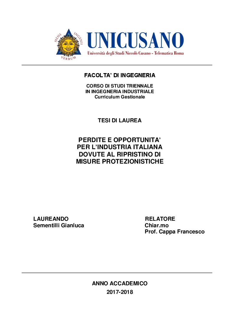 Anteprima della tesi: Perdite e opportunità per l'industria italiana dovute al ripristino di misure protezionistiche, Pagina 1