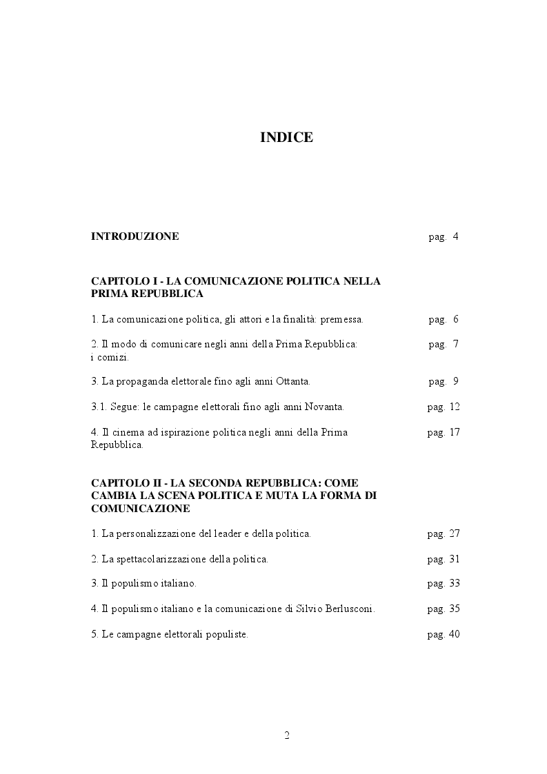 Indice della tesi: Dalle piazze a twitter, analisi dell'evoluzione della comunicazione politica in Italia, Pagina 1