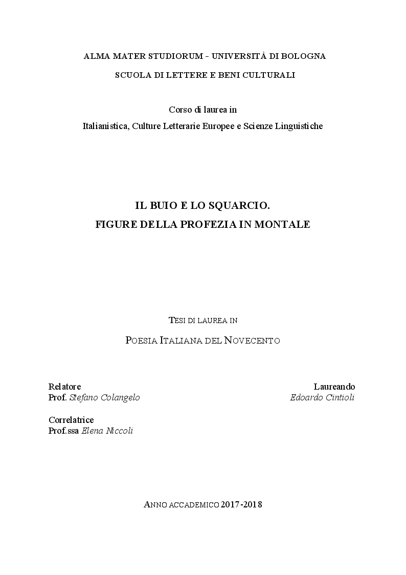 Anteprima della tesi: Il buio e lo squarcio. Figure della profezia in Montale, Pagina 1