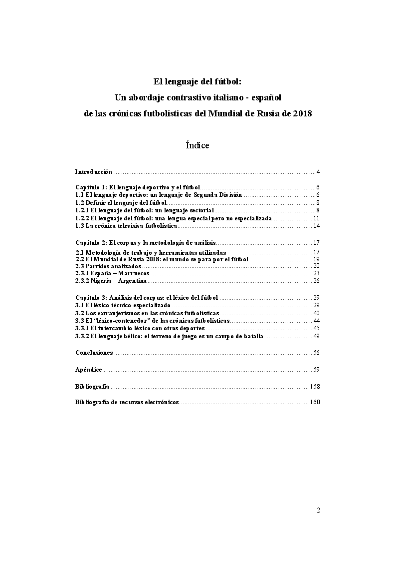 Indice della tesi: El lenguaje del fútbol: un abordaje contrastivo italiano - español de las crónicas futbolísticas del Mundial de Rusia de 2018, Pagina 1