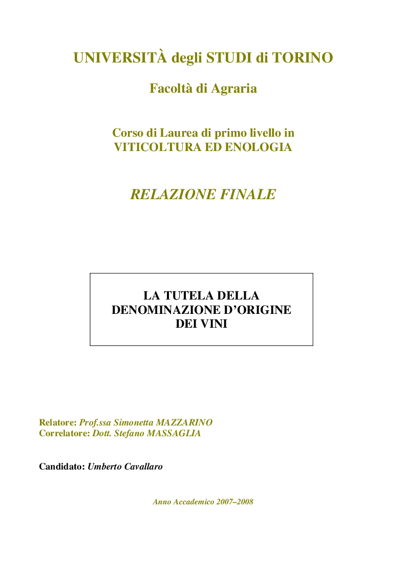 Anteprima della tesi: La Tutela della Denominazione d'Origine dei Vini, Pagina 1