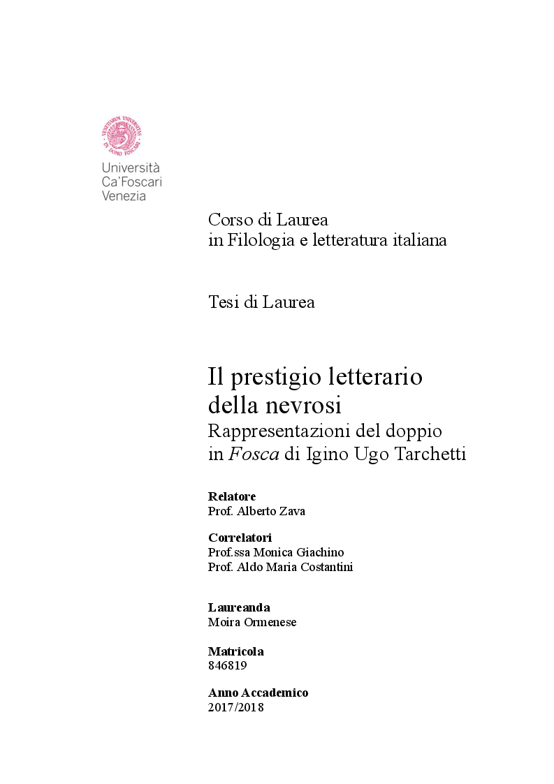 Anteprima della tesi: Il prestigio letterario della nevrosi. Rappresentazioni del doppio in "Fosca" di Igino Ugo Tarchetti, Pagina 1