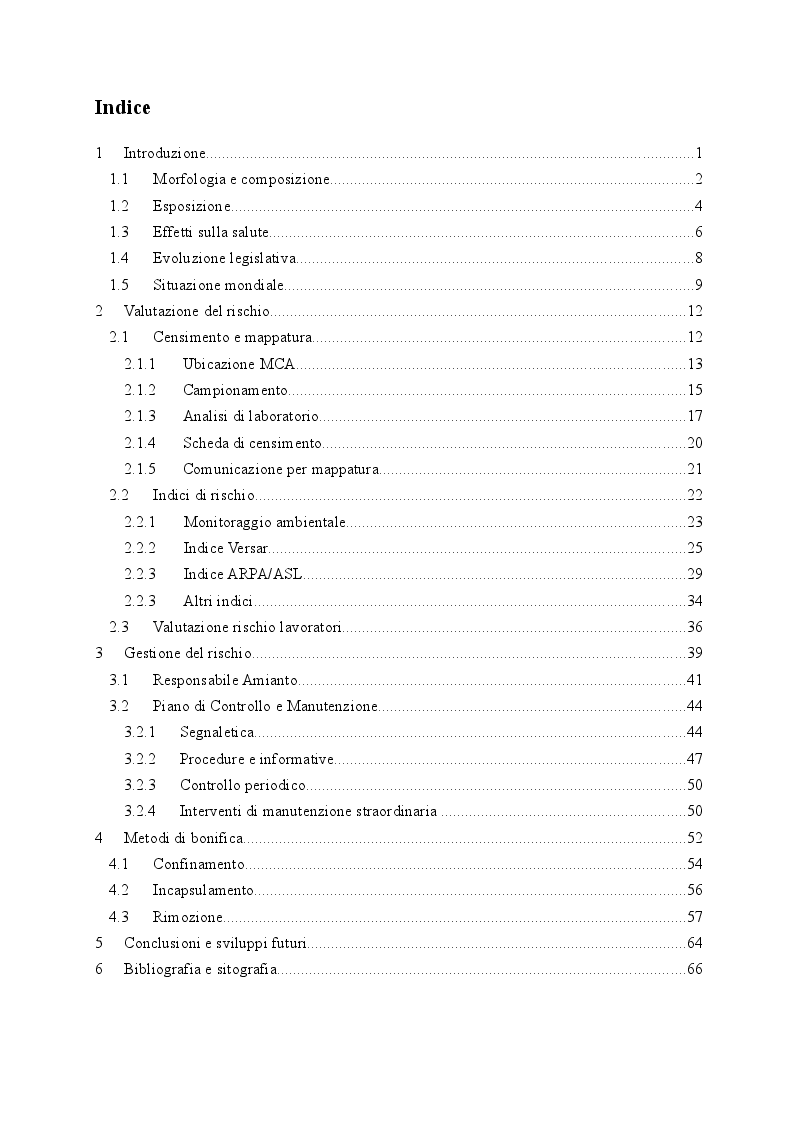 Indice della tesi: Valutazione e gestione del rischio amianto nelle strutture edilizie, Pagina 1