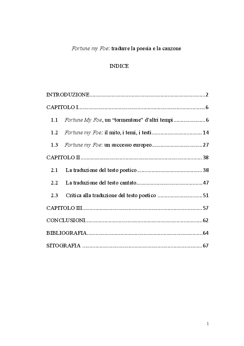Indice della tesi: Fortune my Foe, tradurre la poesia e la canzone, Pagina 1