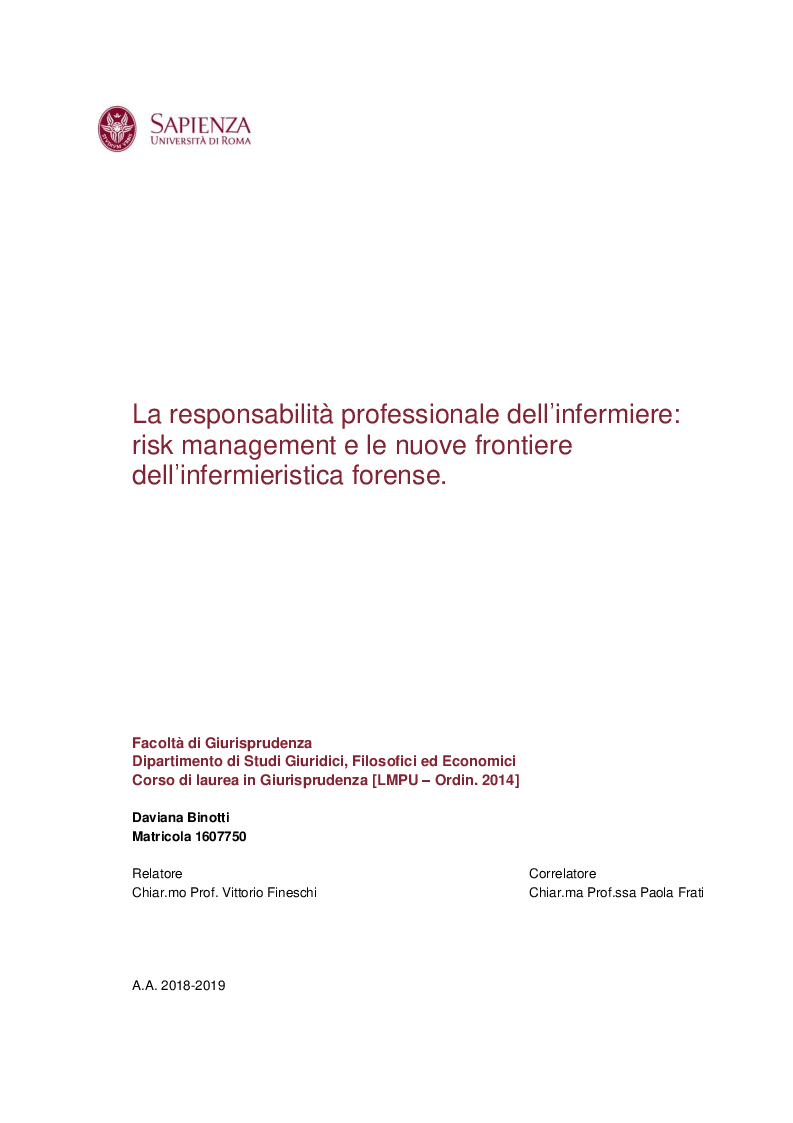 Anteprima della tesi: La responsabilità professionale dell'infermiere: risk management e le nuove frontiere dell'infermieristica forense, Pagina 1