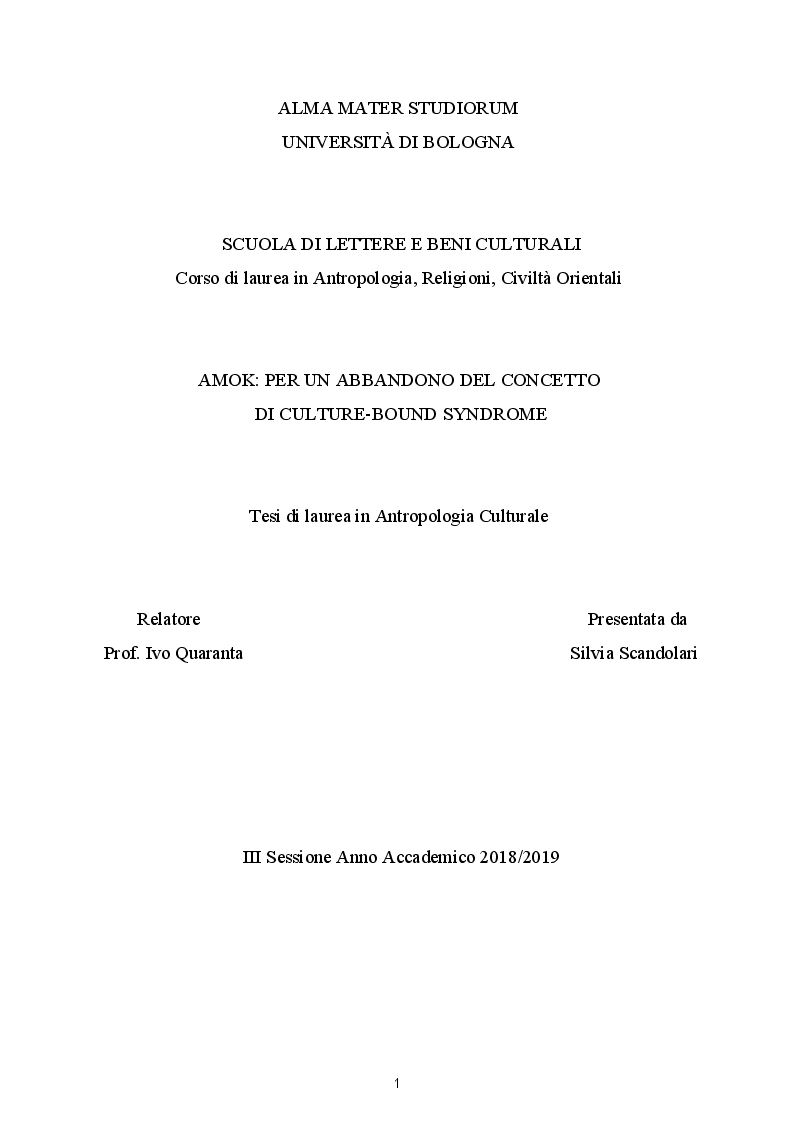 Anteprima della tesi: Amok: per un abbandono del concetto di culture-bound syndrome, Pagina 1