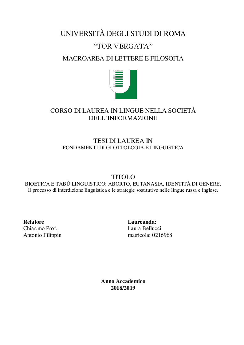Anteprima della tesi: Bioetica e tabù linguistico: aborto, eutanasia, identità di genere. Il processo di interdizione linguistica e le strategie sostitutive nelle lingue russa e inglese., Pagina 1