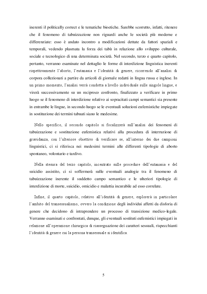 Anteprima della tesi: Bioetica e tabù linguistico: aborto, eutanasia, identità di genere. Il processo di interdizione linguistica e le strategie sostitutive nelle lingue russa e inglese., Pagina 3