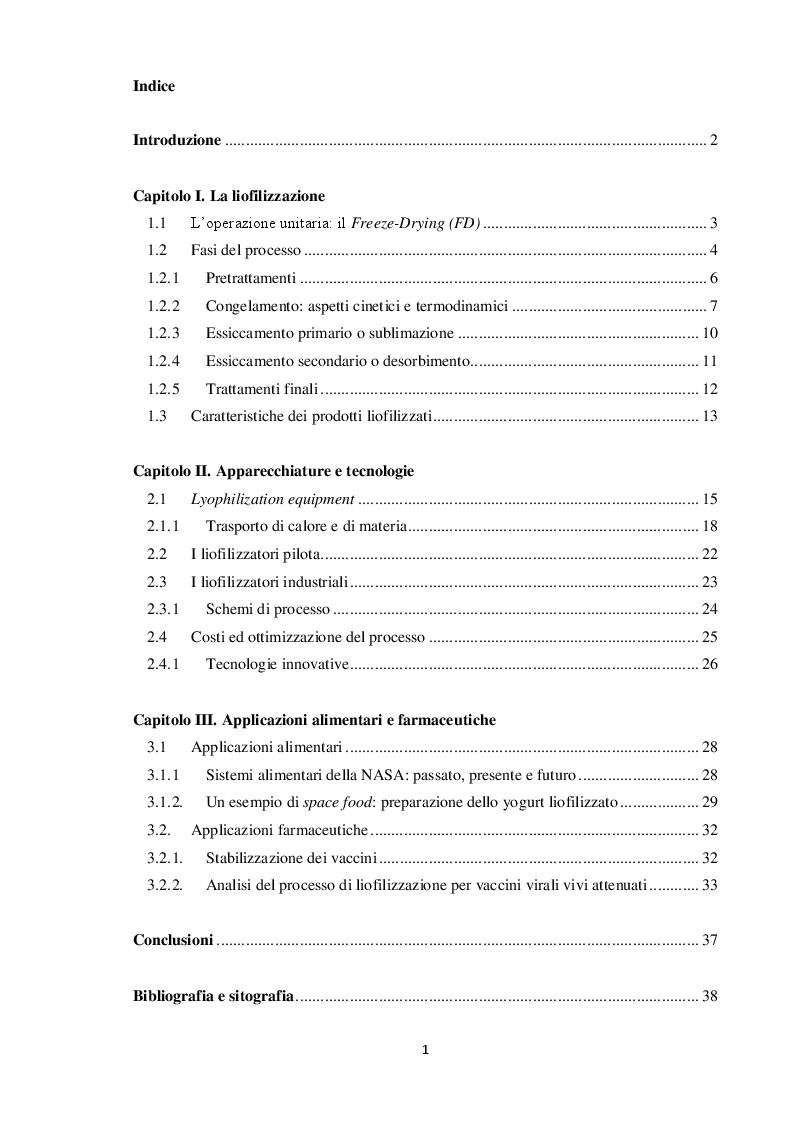 Indice della tesi: Tecnologie di liofilizzazione per applicazioni alimentari e farmaceutiche, Pagina 1