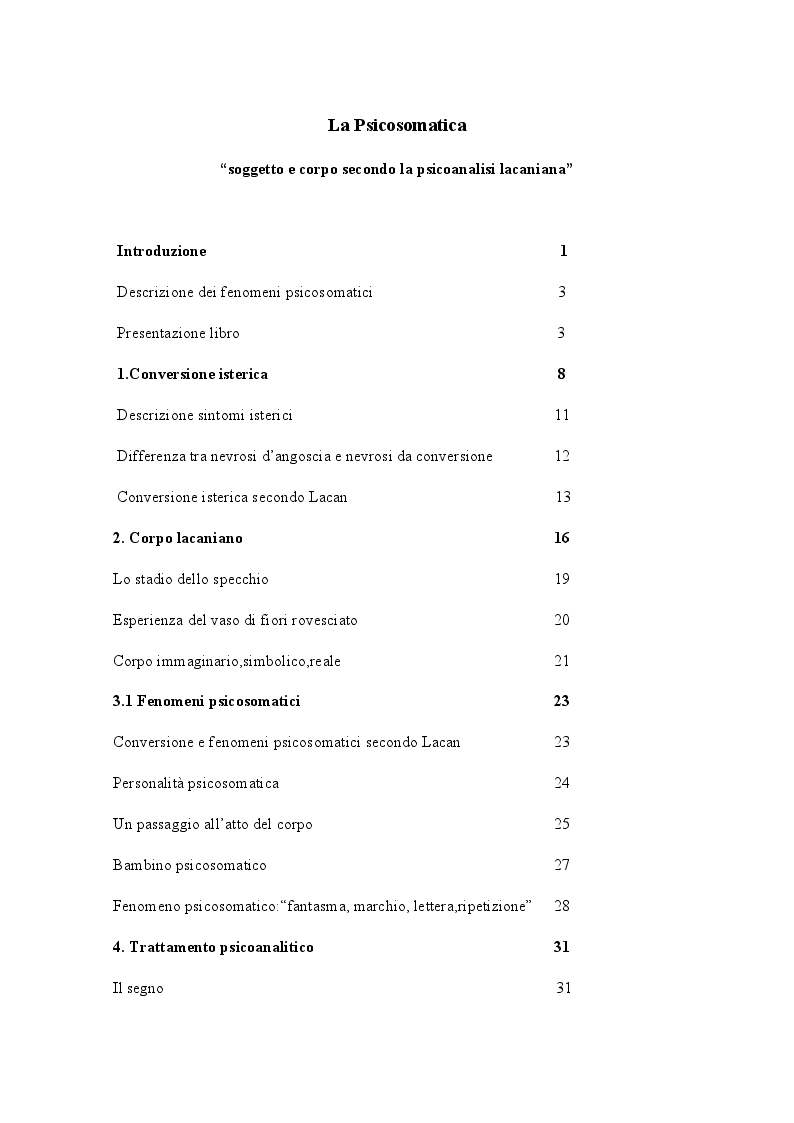 Indice della tesi: La Psicosomatica: ''soggetto e corpo secondo la psicoanalisi lacaniana'', Pagina 1