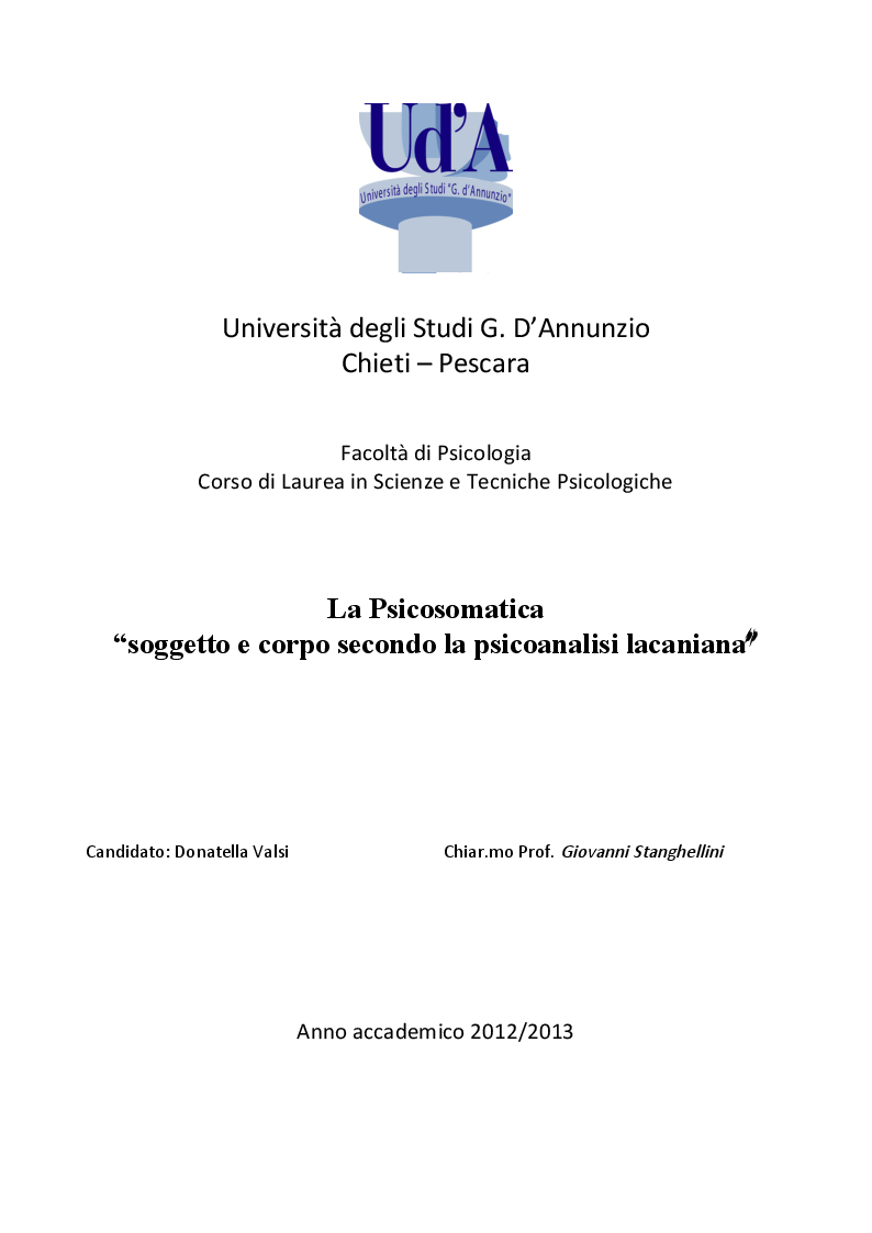 Anteprima della tesi: La Psicosomatica: ''soggetto e corpo secondo la psicoanalisi lacaniana'', Pagina 1