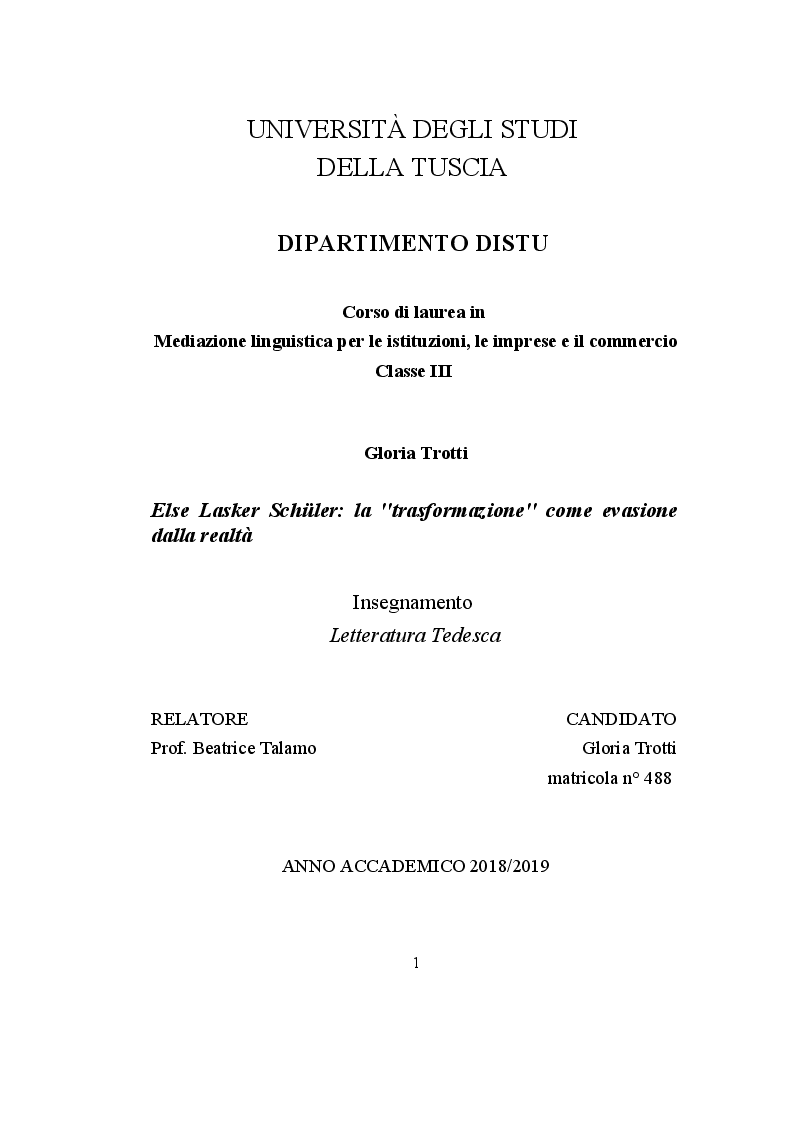 Anteprima della tesi: Else Lasker Schüler: la ''trasformazione'' come evasione dalla realtà, Pagina 1