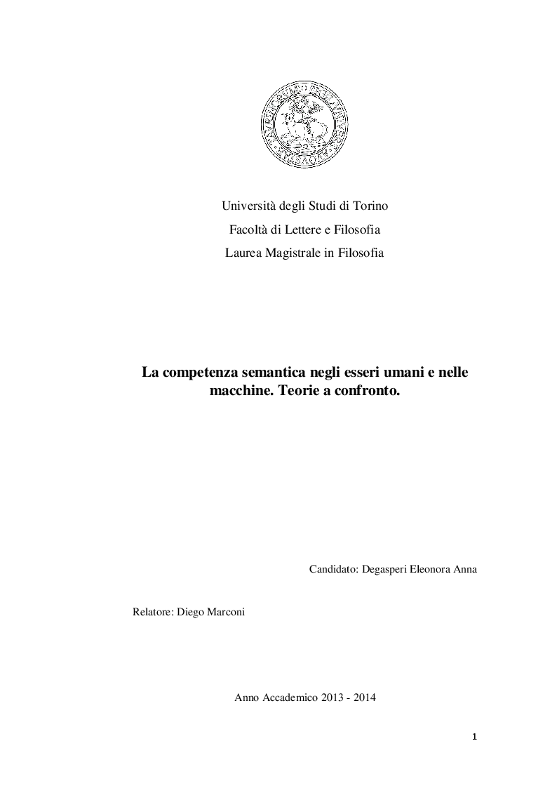 Anteprima della tesi: La competenza semantica negli esseri umani e nelle macchine. Teorie a confronto, Pagina 1