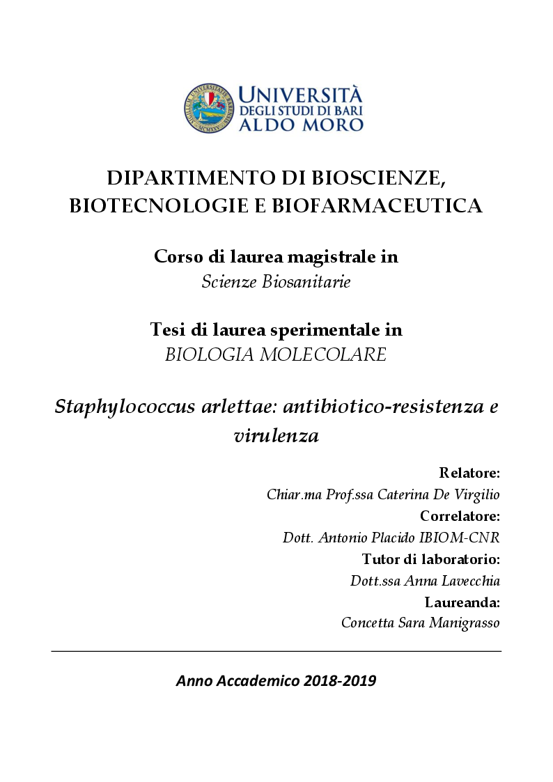 Anteprima della tesi: Staphylococcus arlettae: antibiotico-resistenza e virulenza, Pagina 1