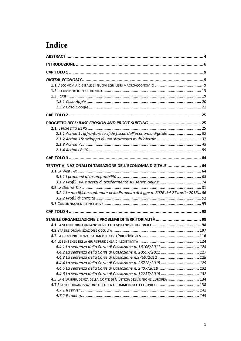 Indice della tesi: Tassazione dell'economia digitale: Web Tax e Digital Tax, Pagina 1