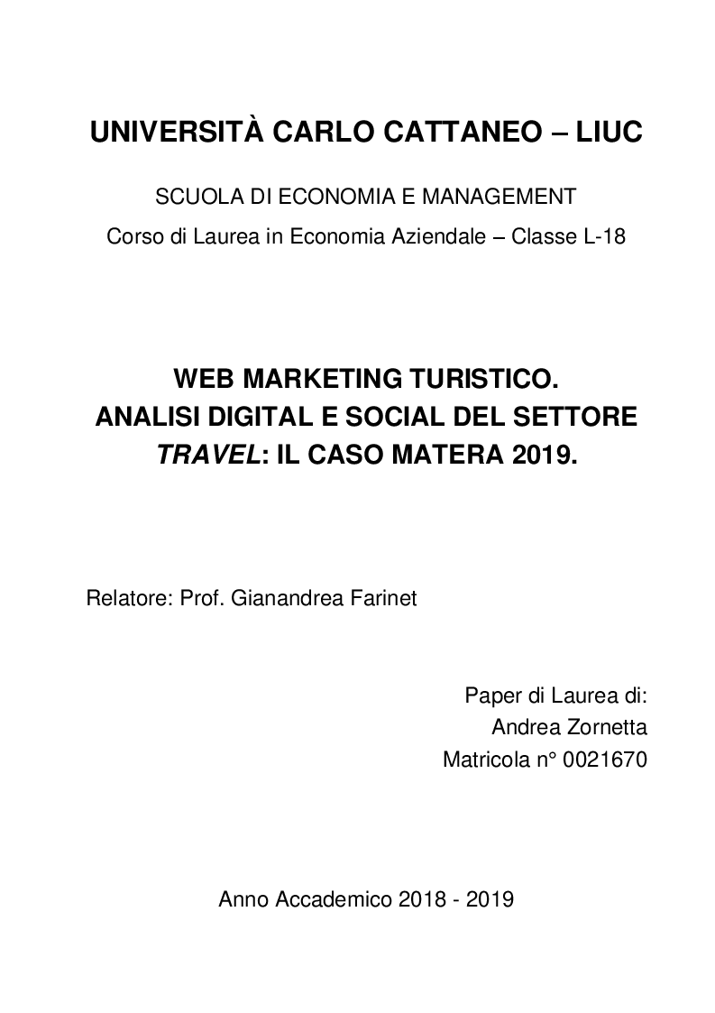 Anteprima della tesi: Web marketing turistico. Analisi digital e social del settore travel: il caso Matera 2019., Pagina 1