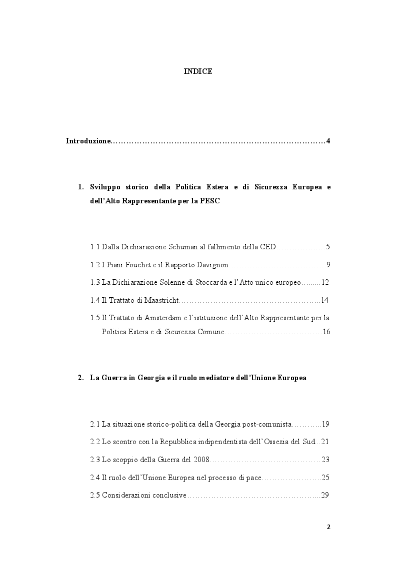 Indice della tesi: La politica estera europea prima e dopo il Trattato di Lisbona. Due casi: la Guerra in Georgia e la Primavera araba, Pagina 1