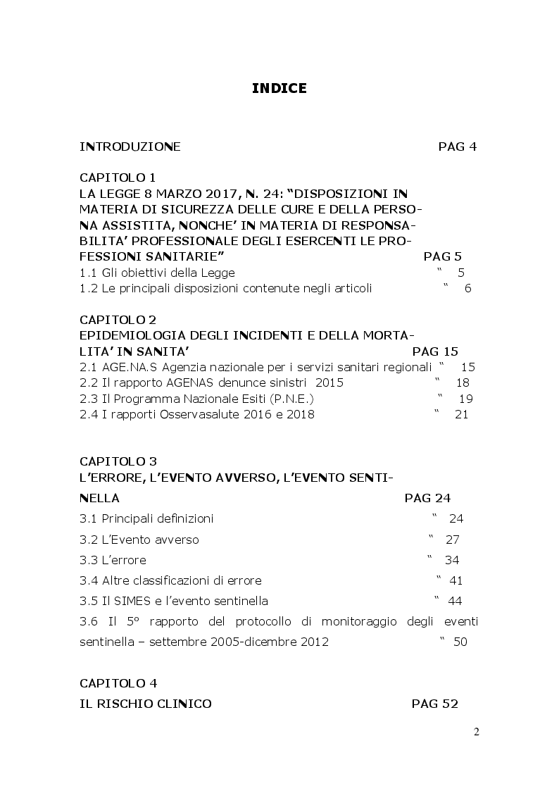 Indice della tesi: L'infermiere, un professionista nella prevenzione degli errori e nella gestione del rischio clinico, Pagina 1