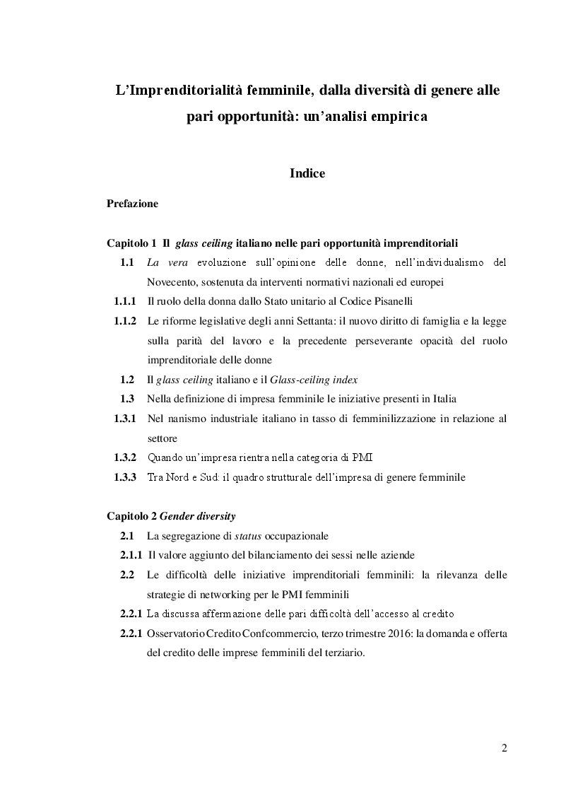 Indice della tesi: L’Imprenditorialità femminile, dalla diversità di genere alle pari opportunità: un’analisi empirica, Pagina 1