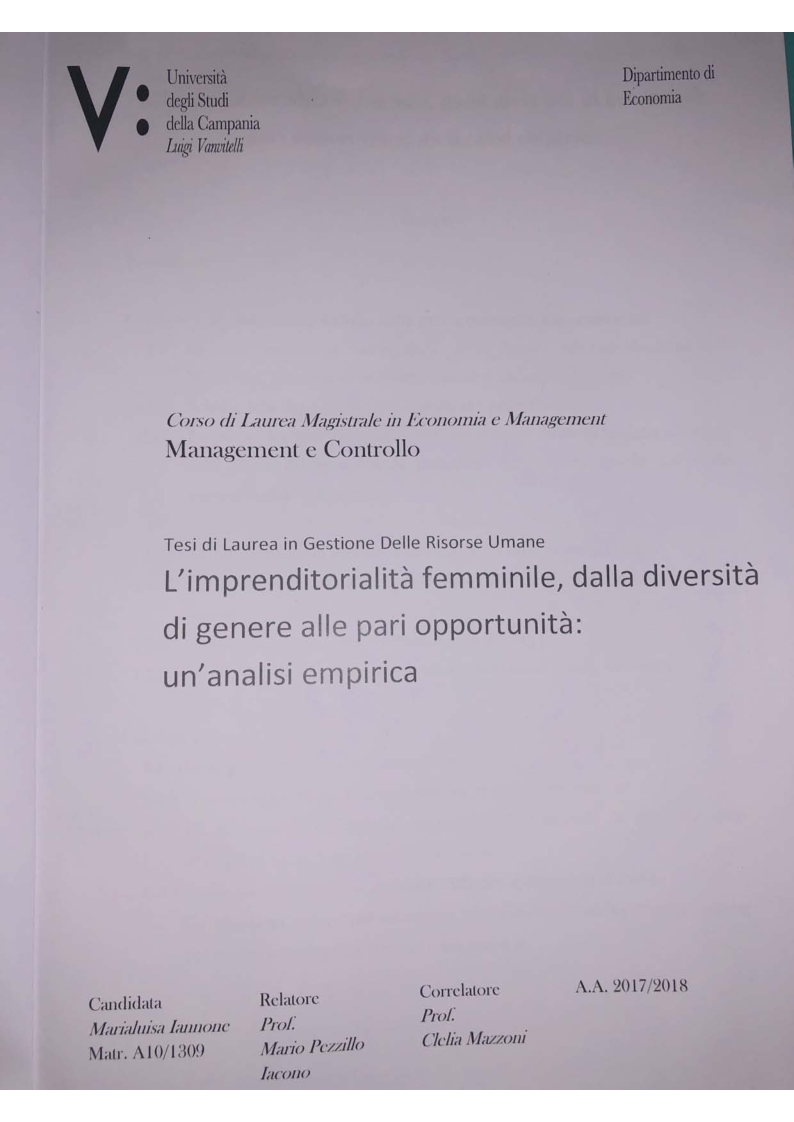Anteprima della tesi: L’Imprenditorialità femminile, dalla diversità di genere alle pari opportunità: un’analisi empirica, Pagina 1