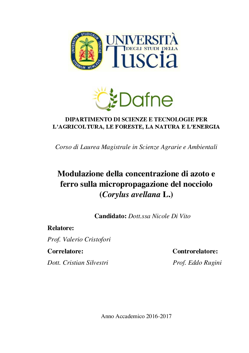 Anteprima della tesi: Modulazione della concentrazione di azoto e ferro sulla micropropagazione del nocciolo (Corylus avellana L.), Pagina 1