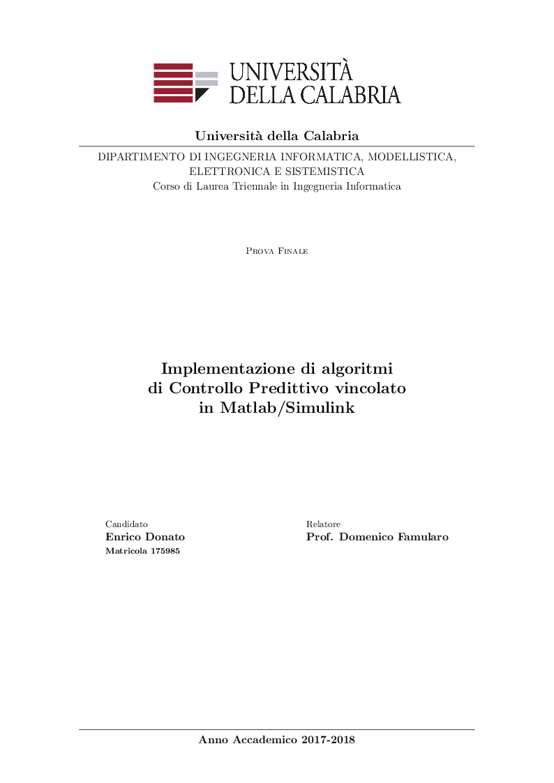 Anteprima della tesi: Implementazione di algoritmi di Controllo Predittivo vincolato in Matlab/Simulink, Pagina 1