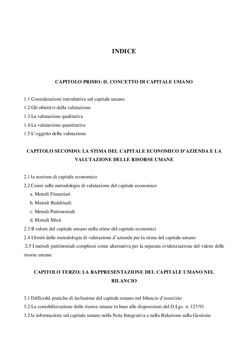 Indice della tesi: Il Capitale Umano nella valutazione del Capitale Economico e del Capitale di Funzionamento, Pagina 1